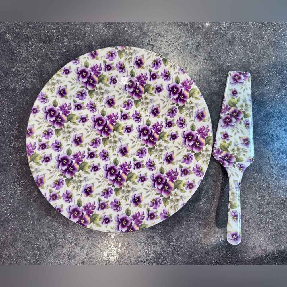 Vintage Pansy Chintz Cake Plate and Server Set